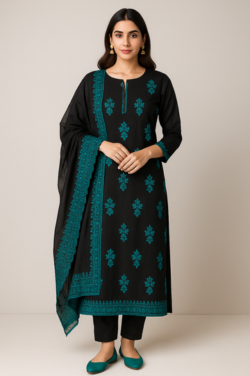 STuff GTM Lawn Computer Cross Stich Booti Jaal Embroidery Shirt And lawn Plain Trouser With Crincle Chiffon 4 Side Embroidery Dupatta 3PC Dress